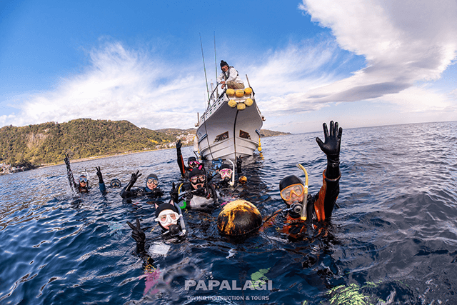 まずは、水面で集合して呼吸を整えます