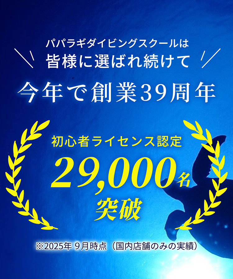 パパラギダイビングスクールは皆様に選ばれ続けて今年で創業39周年 初心者ライセンス認定28,000名突破 ※2025年4月時点（国内店舗のみの実績）